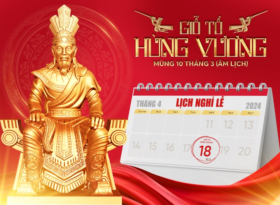 Celebratory poster for Hung Kings' Commemoration Day with a golden statue and a holiday calendar, poster thông báo lịch nghỉ Giỗ tổ Hùng Vương